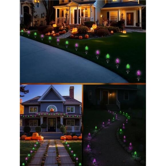 Halloween Stake Lights, 10PK C9 LED Pathway Lights with Purple & Green Bulbs - Picture 7 of 8